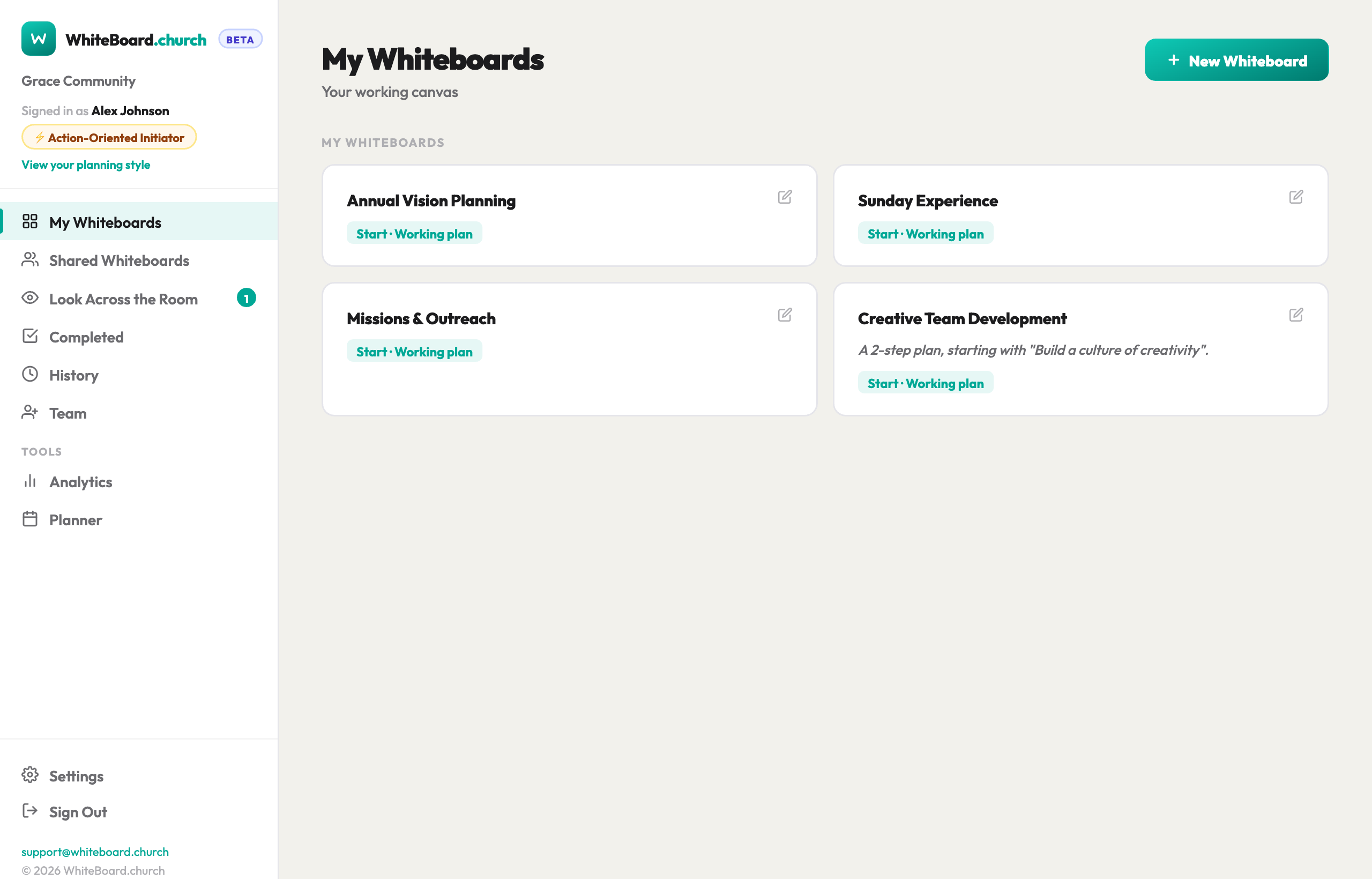 WhiteBoard.church app — ministry planning dashboard showing church team whiteboards and strategy tools